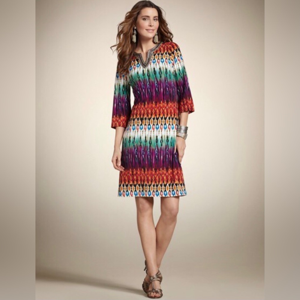 Chico’s Abstract Sequins Ikat Shift Dress Womens Size 2 Large Hippie Retro Disco